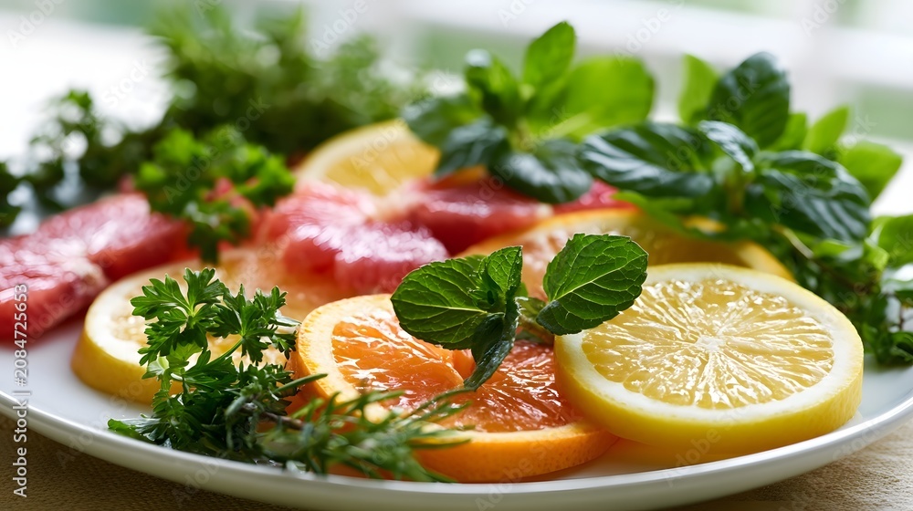 Fototapeta premium A vibrant plate of citrus slices including lemon orange and grapefruit segments garnished with fresh mint and parsley