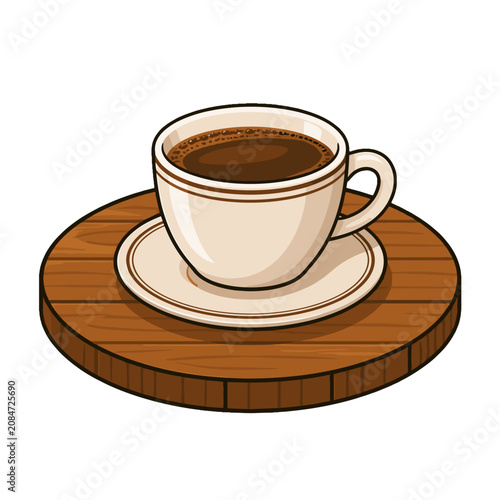 Konstfotografi Cup of coffee on saucer and round wooden table vector