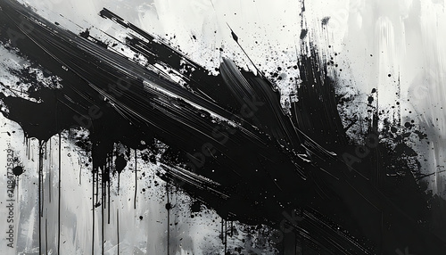 Abstract black ink splash and splatter texture with distressed brush strokes and drips on a gray background, grunge effect