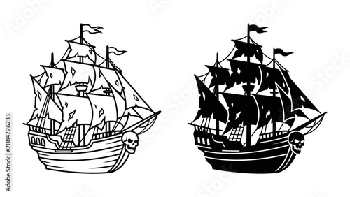 Tableau sur toile Pirate Ship Silhouette and Outline: A classic pirate ship, depicted in both a detailed outline and a solid silhouette, sails the high seas with tattered sails and a skull emblem