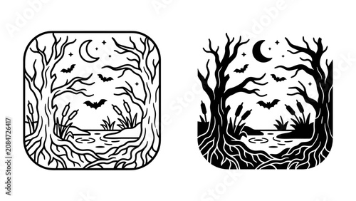 Fotografie Spooky Swamp Scene: Two eerie illustrations depict a dark, gnarled swamp at night, with twisted trees, a murky pond, the moon, and bats flying through the air
