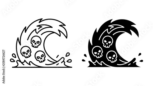 Photos Skull Wave Iconography: Two stylized wave icons, one outlined in black and white, the other a solid black silhouette, both depicting crashing waves containing skull motifs