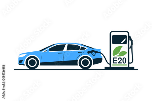 E20 Ethanol Fuel Nozzle Refueling Modern Car Isolated on White Background