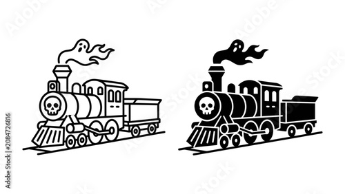 Photos Spooky Locomotive Icon: A stylized steam locomotive featuring a skull emblem on the front and ghostly smoke emanating from its chimney