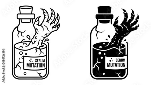 Konstfotografi Mutant Hand in Serum Bottle: A monstrous hand emerges from a cracked serum bottle labeled MUTATION, hinting at a terrifying transformation and scientific experiment gone awry