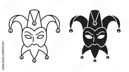 Fotografía Jester Mask Icon: A graphic illustration showcasing a traditional jester mask in both outline and solid black versions, ready for your creative projects