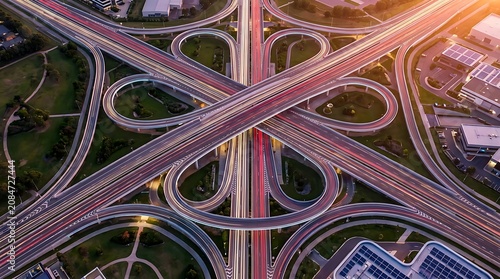 Aerial view of a complex highway interchange with heavy traffic at sunset