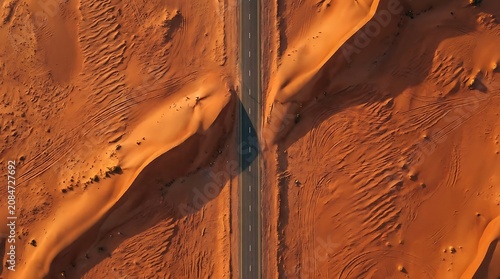 Aerial view of a paved road cutting through vast orange sand dunes in a desert landscape