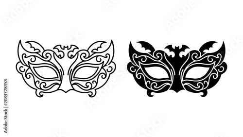 Tableau sur toile Intricate Venetian Mask Duo: Two elegantly designed masks, one in delicate outline and the other in bold black, featuring swirling ornate patterns and subtle bat-like adornments