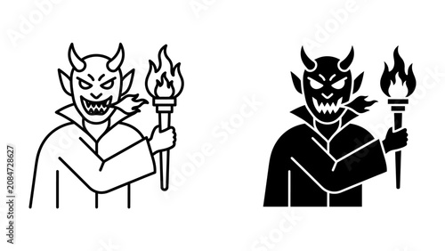 Fotografía Demonic Figure with Torch: A sinister demon with horns and a wicked grin holds a flaming torch, casting an ominous glow, depicted in both line art and silhouette styles