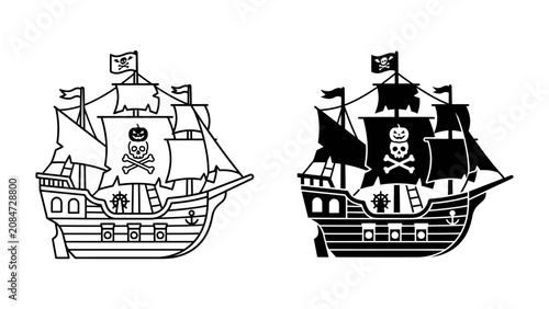 Tableau sur toile Pirate Ship Icon Set: A graphic representation of a pirate ship, featuring a Jolly Roger flag and detailed sails, available in both outline and silhouette versions for versatile design use