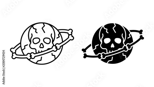 Tableau sur toile Planetary Apocalypse: Two stylized representations of a planet, one line art and one solid black, both featuring a skull at its core and encircling bone fragments
