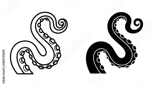 Tableau sur toile Tentacle Silhouettes: Two stylized illustrations of tentacles, one in outline and one as a solid silhouette, featuring suction cups and flowing curves