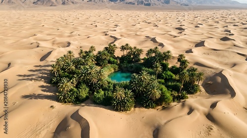 Aerial view of small green shrubs growing in desert sand oasis with water pool
