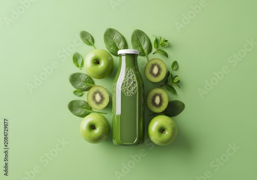 Vibrant green bottle of fresh juice is surrounded by whole apples, sliced kiwi, and spinach leaves on a mint green background.