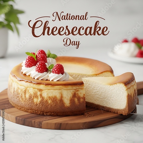 Delicious cheesecake with fresh raspberries on national cheesecake day