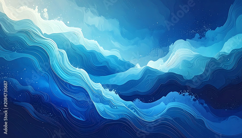 Abstract blue ocean waves with pixelated texture, stormy sea, deep water, shimmering highlights, and light particles