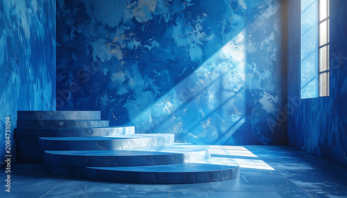 Abstract blue room with tiered platforms, sunbeams streaming through window, textured walls, atmospheric, modern interior