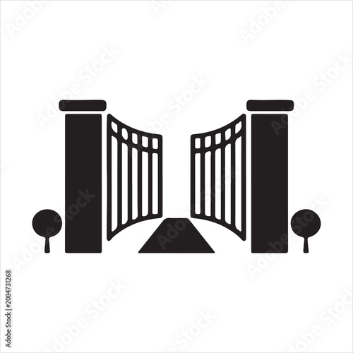 Open entrance gate with pillars and trees icon entrance property boundary
