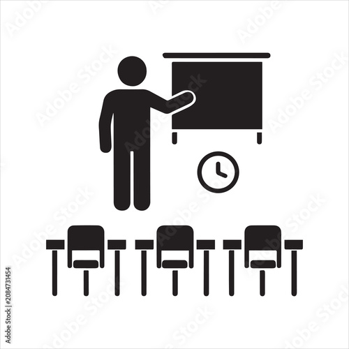 Teacher presenting at whiteboard in classroom icon with classroom, education