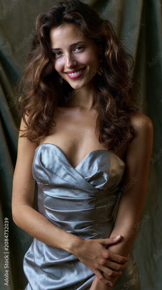 Fototapeta premium italian girl in silver evening gown, noble woman smiling portrait, elegant female half body portrait