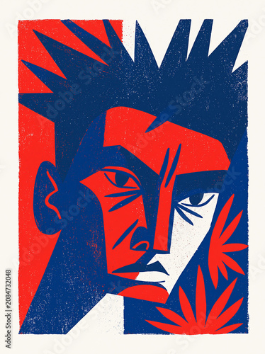 Bold Cubist Portrait in Red, Blue and White with Geometric Shapes and Modern Abstract Expression