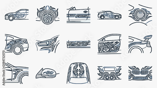 Quadro em tela Professional Minimalist Blue and White Sketch Style Car Design Elements Collecti