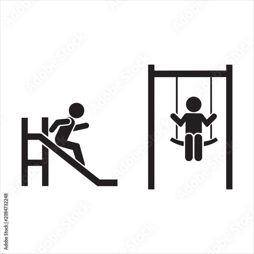 Children playing on a slide and swing set icon with children, playground