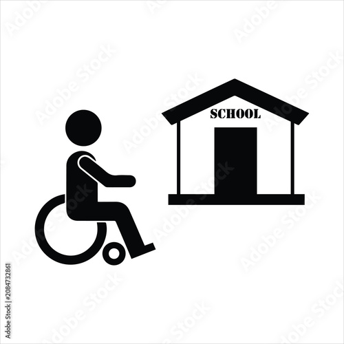 Disabled student in wheelchair outside school icon with disabled, wheelchair
