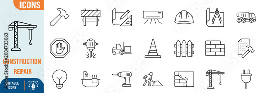 Construction and repair line icons. crane icon set, hammer icon set, hardhat icon set