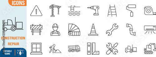 Construction and repair outline icons. crane icon set, drill icon set, wrench icon set