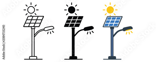 Slika na platnu Solar powered street light icons set with sun energy and lighting systems