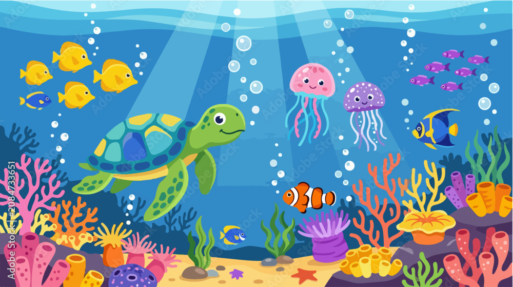Obraz premium Green sea turtle swimming underwater ocean.