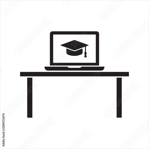 Online education laptop on desk icon with e learning education graduation