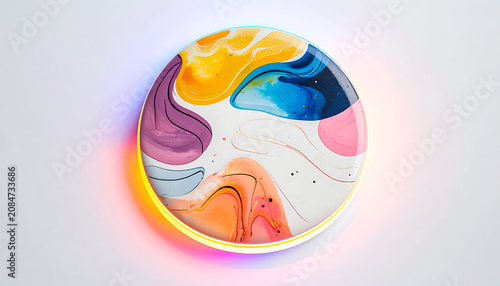 Abstract circular artwork with fluid marbling effect, vibrant color splashes, and speckles, illuminated by neon light