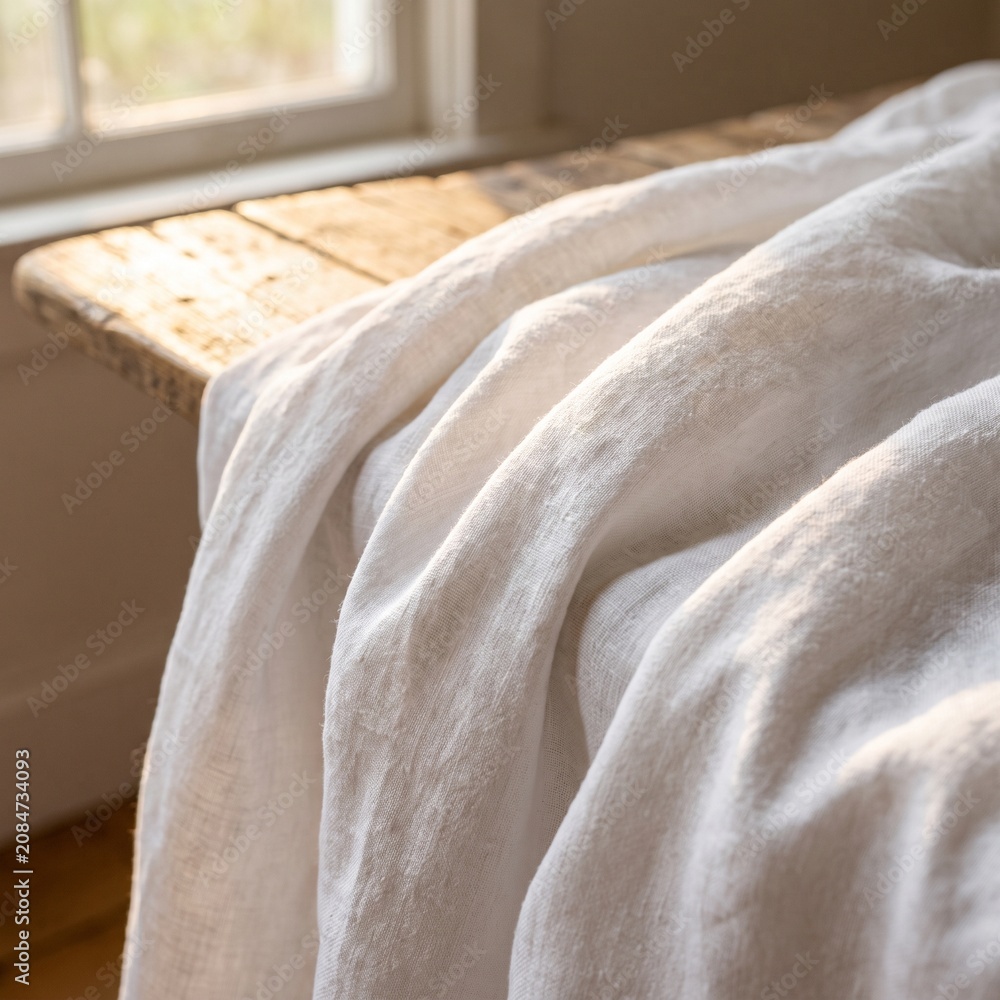 Fototapeta premium Soft White Linen Fabric Folds Warm Sunlight Textile Texture