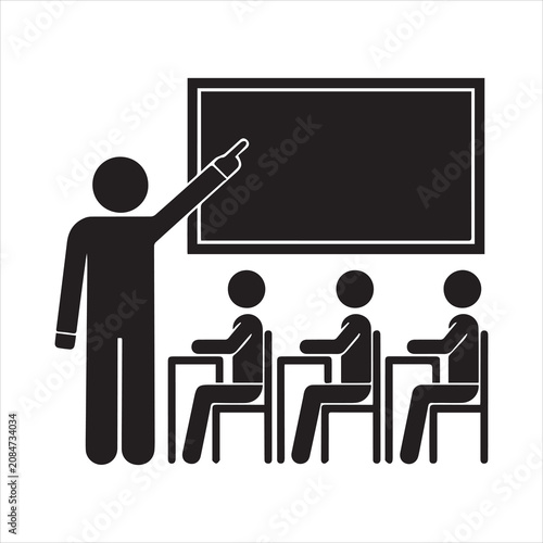 Teacher instructing students at blackboard with black and white, classroom