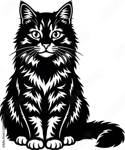 Obraz na plátne Fluffy Longhaired Cat Silhouette Vector Illustration of a Sitting Domestic Tabby