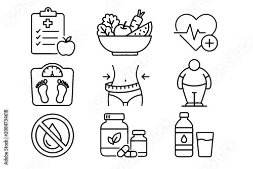 Bild auf Leinwand Health and wellness line icons set with nutrition and fitness
