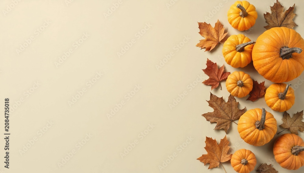 Fototapeta premium Autumn border with orange pumpkins and dry maple leaves on beige background with copy space.