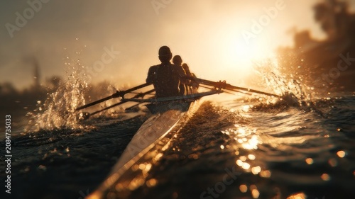 Silhouettes of a Team of Rowers Competing on Serene Lake During Sunset Glow