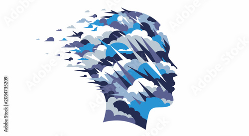 Head silhouette with clouds and birds flying out of it