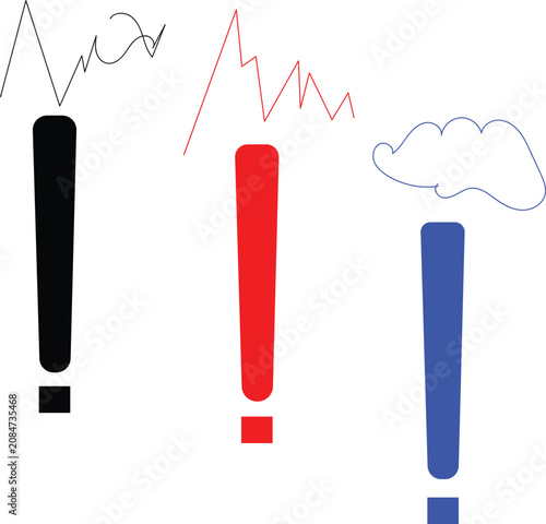 Three colorful exclamation mark warning signs with icons