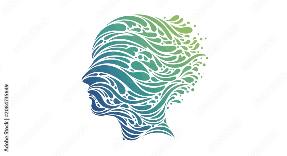 Obraz premium Stylized human head profile made of swirling green and blue waves