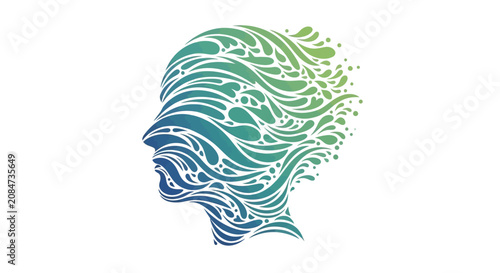 Stylized human head profile made of swirling green and blue waves