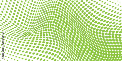 Abstract white background with green halftone dots forming a smooth, wavy distortion pattern with fluid motion.