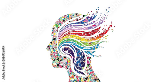 Mosaic human head with colorful swirling patterns