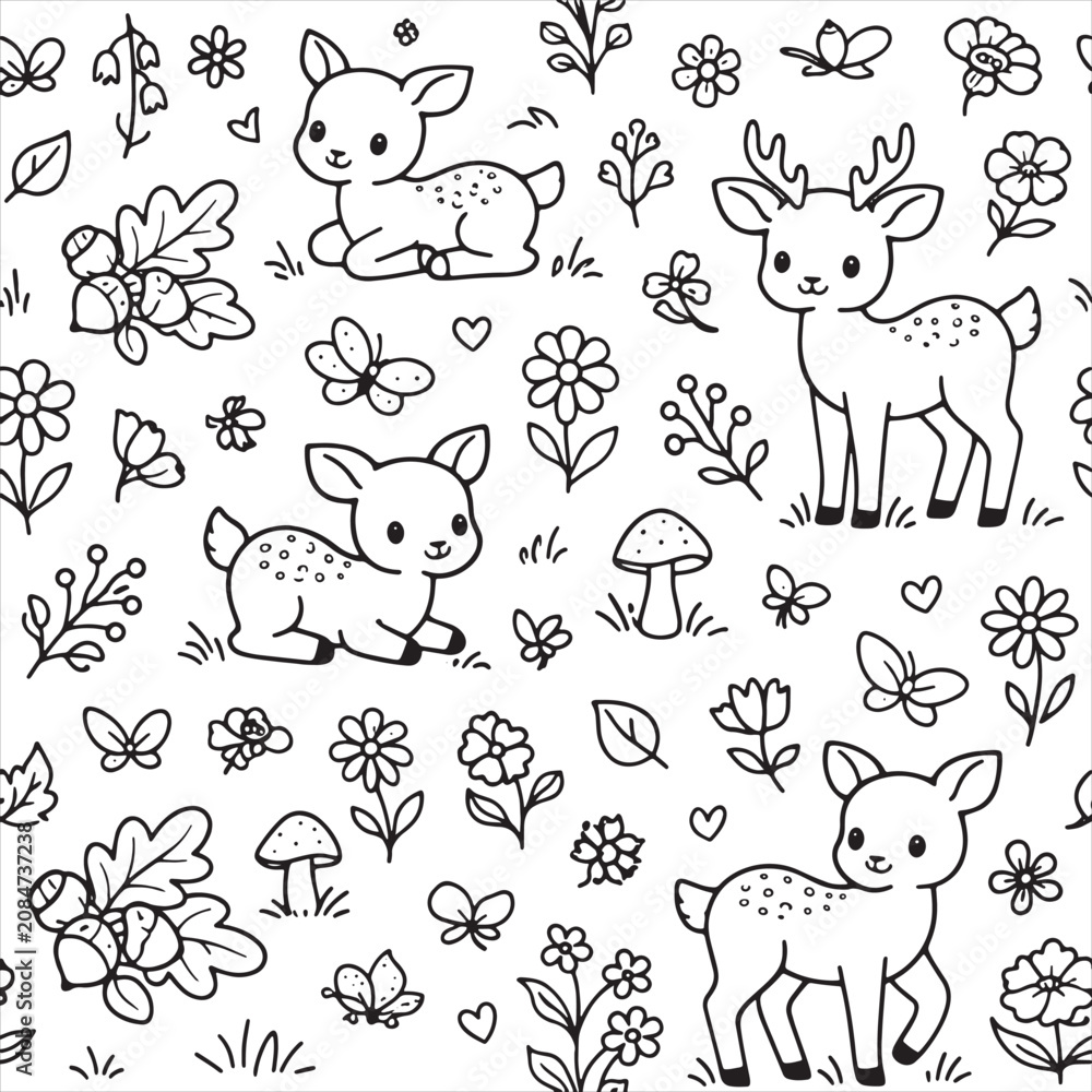 Obraz premium Kawaii Cute Deer Fawn and Forest Flower Doodle Seamless Pattern