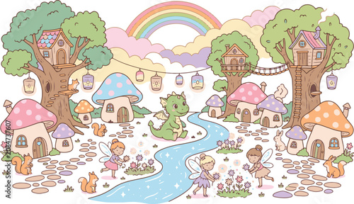 Bild auf Leinwand Cute pastel fantasy village vector illustration with a baby dragon, fairies, mushroom houses, and treehouses