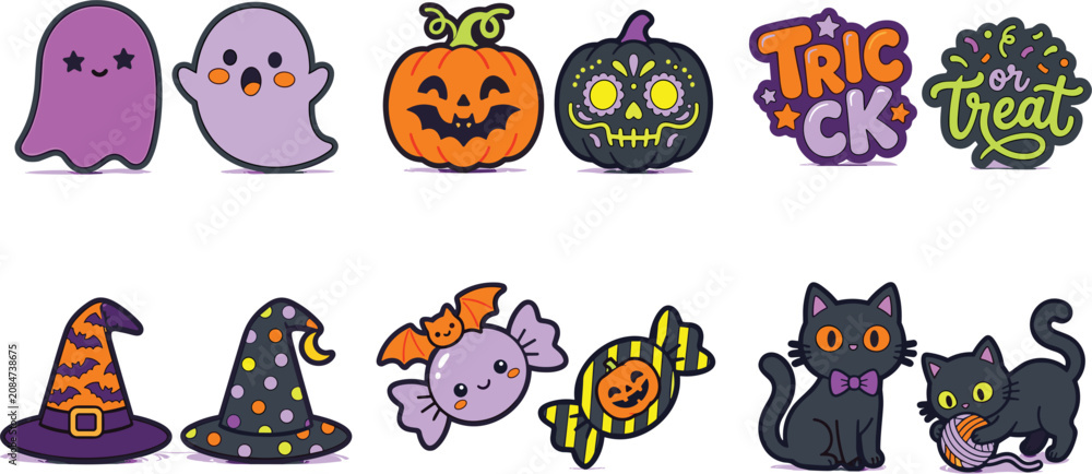 Obraz premium Cute Halloween vector sticker set with kawaii ghosts pumpkins black cats witch hats and candy characters